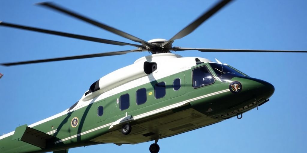Marine One helicopter in flight against a blue sky.