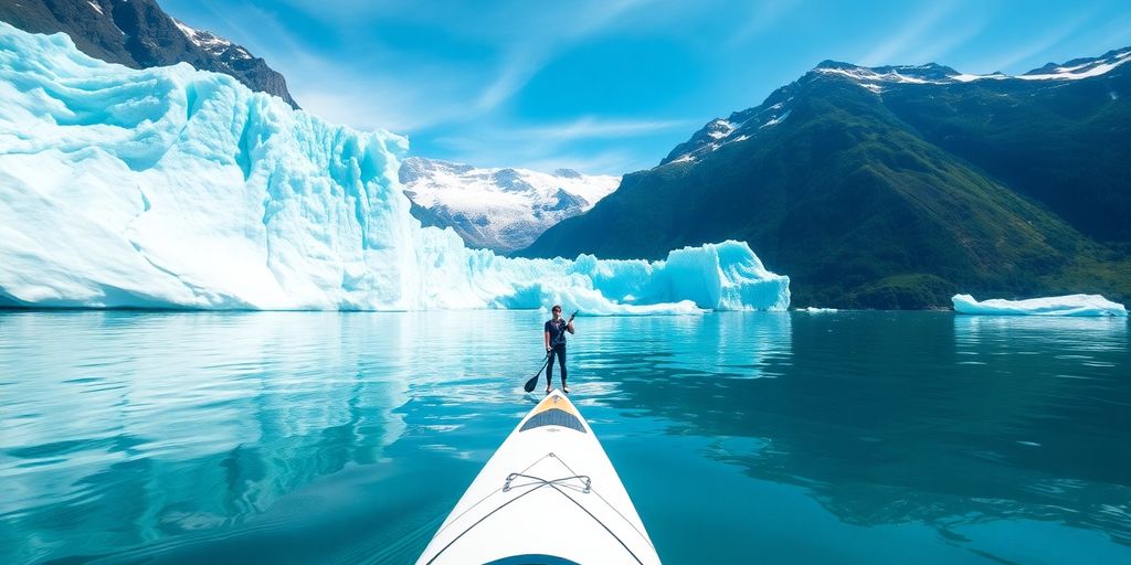 Paddle boarder on glacial waters with icebergs.