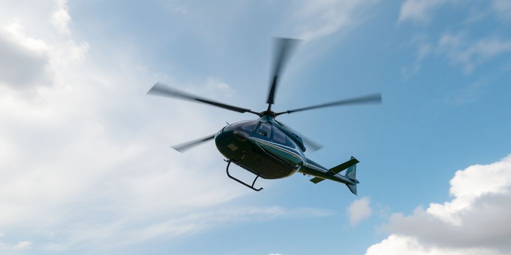 A helicopter flying fast in diverse weather conditions.