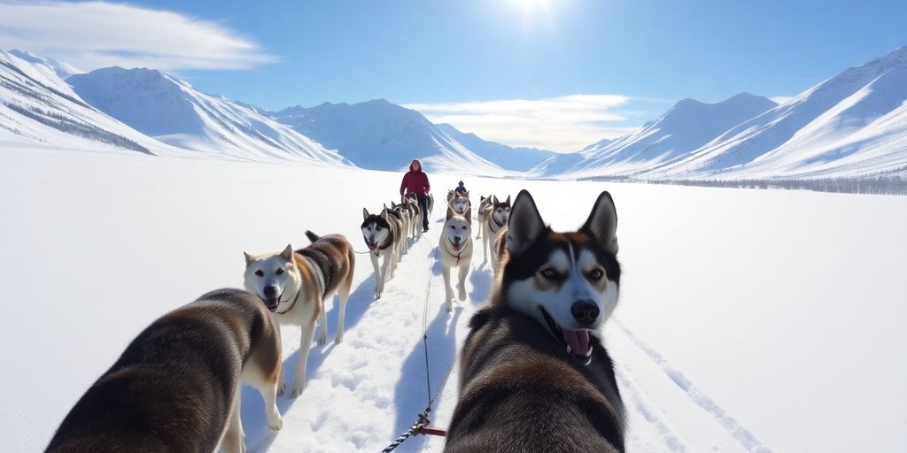 Huskies pulling a sled in snowy Alaska landscape.