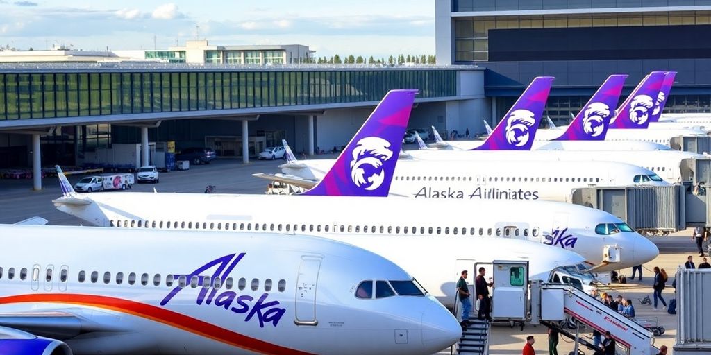 Alaska Airlines aircraft at an airport, showcasing travel excitement.