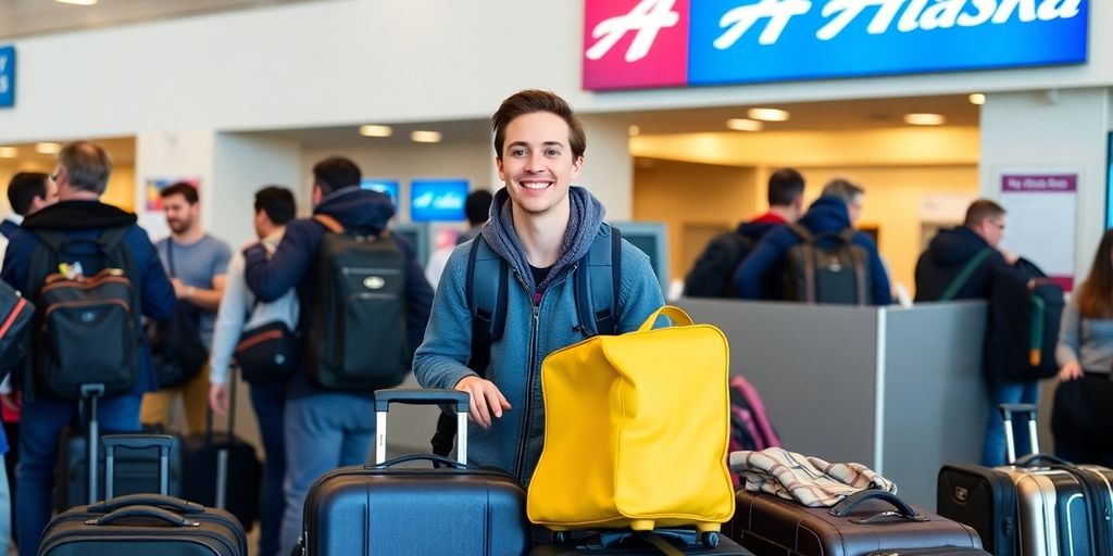 Traveler checking in at Alaska Airlines kiosk.