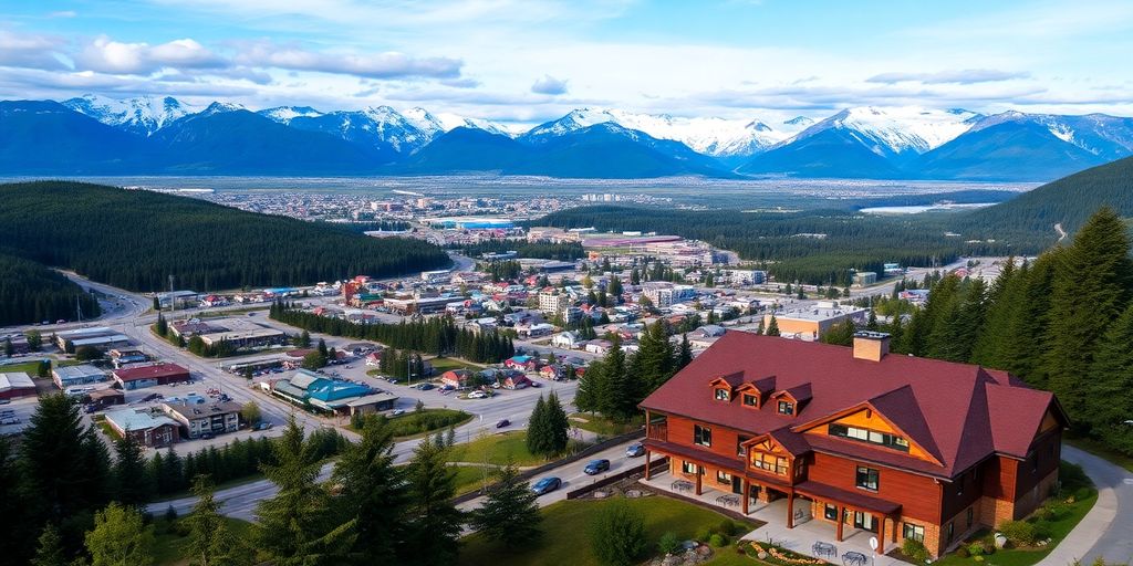 Scenic view of Anchorage Alaska hotels and mountains.