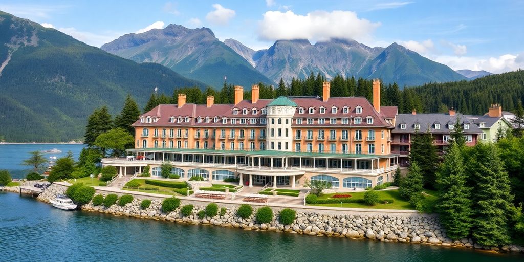 Luxurious Juneau hotel with mountains and water in background.
