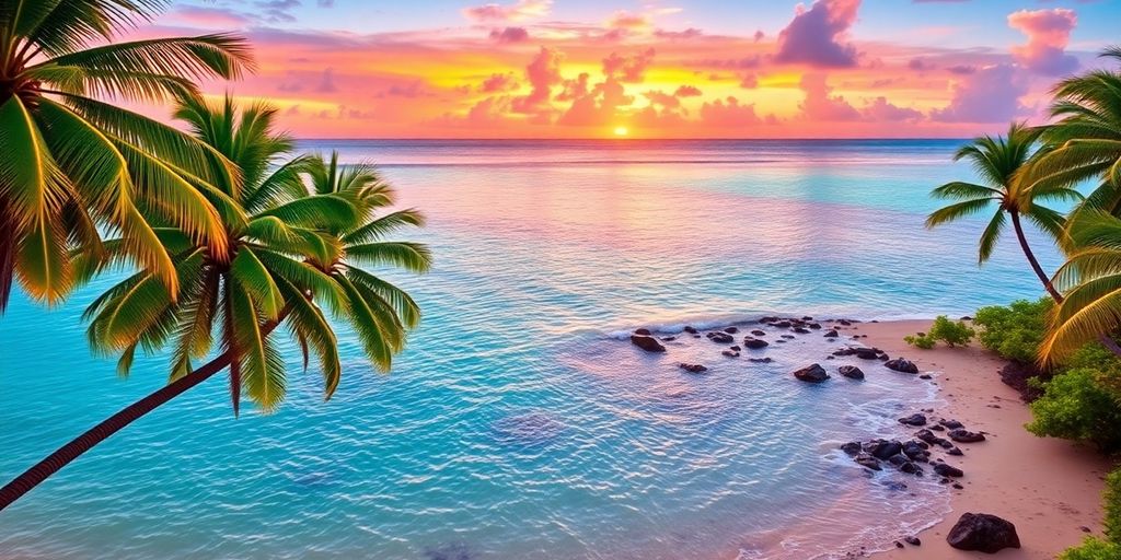 Tropical landscape with palm trees and clear ocean waters.