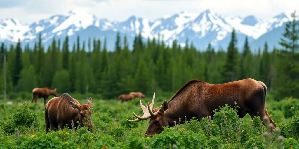 Moose in Alaska's wilderness with mountains in background.
