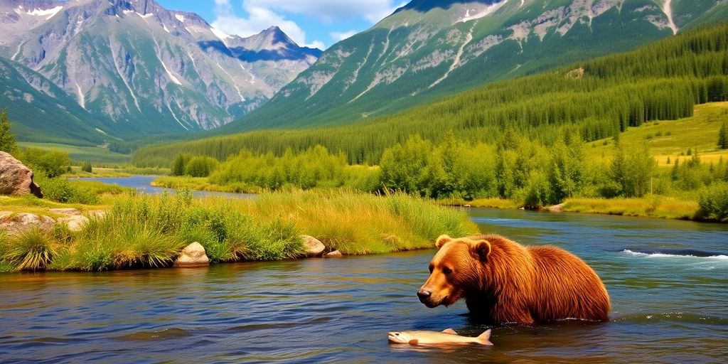A brown bear catching salmon in Katmai National Park.