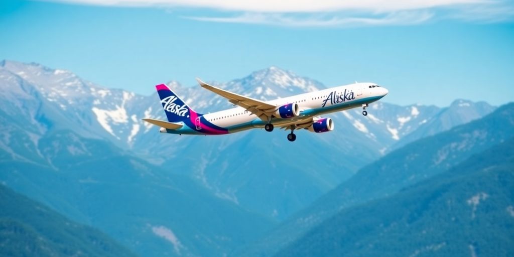 Alaska Airlines plane flying over scenic mountain landscape.