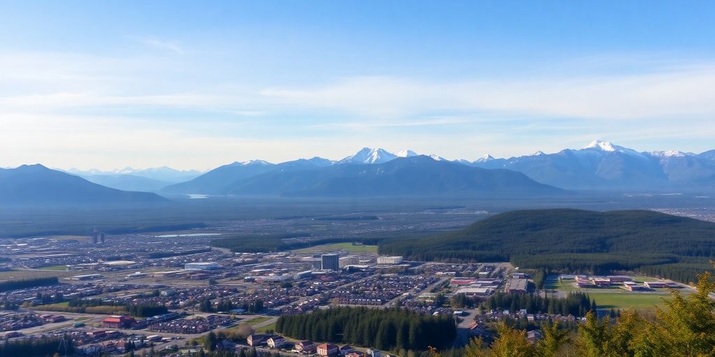 Anchorage skyline with mountains and greenery in the background.
