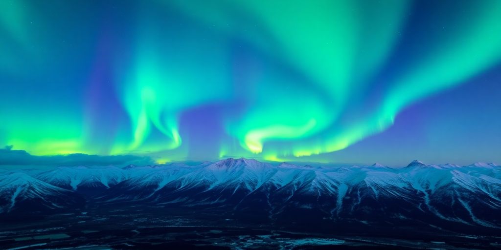 Vivid Northern Lights over snowy Alaskan mountains at night.