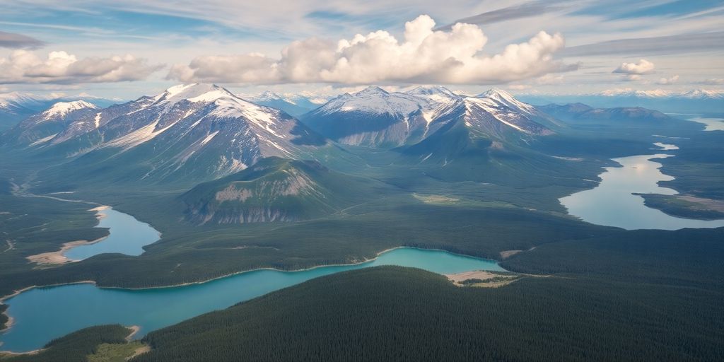 Aerial view of Alaska's mountains and forests.