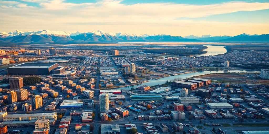 Aerial view of Anchorage with mountains and cityscape.