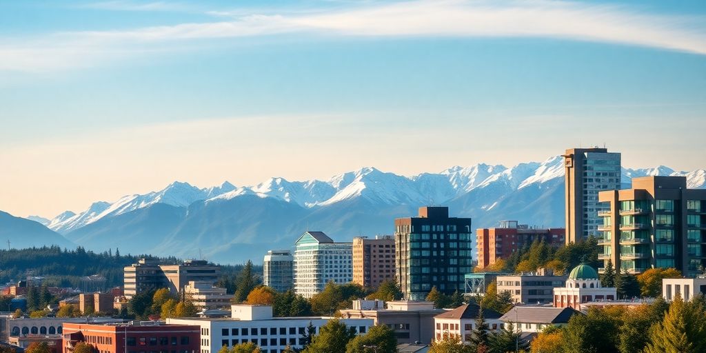 Anchorage skyline with mountains and greenery in view.