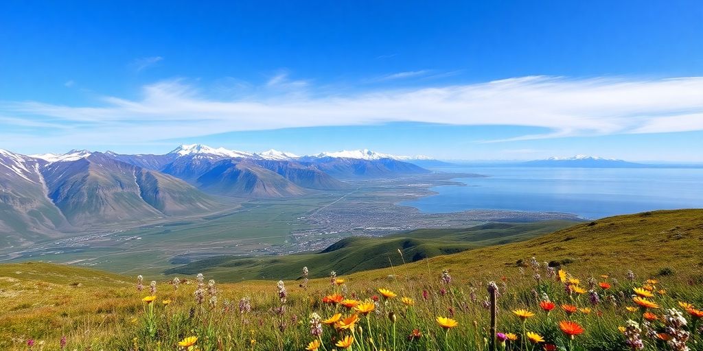 Scenic view of Nome, Alaska with mountains and coastline.