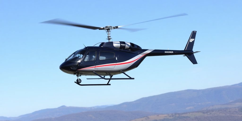An early helicopter flying in a clear blue sky.