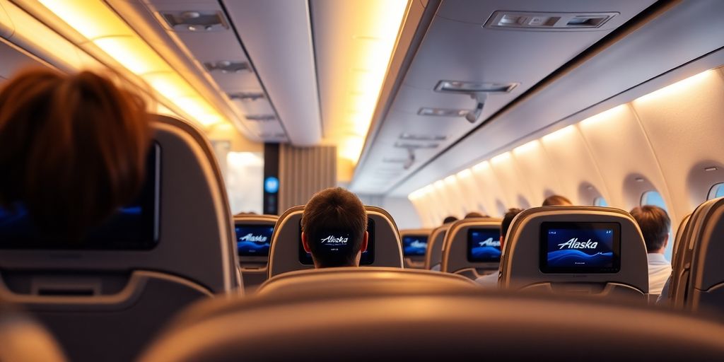 Cozy Alaska Airlines cabin with comfortable seating and lighting.