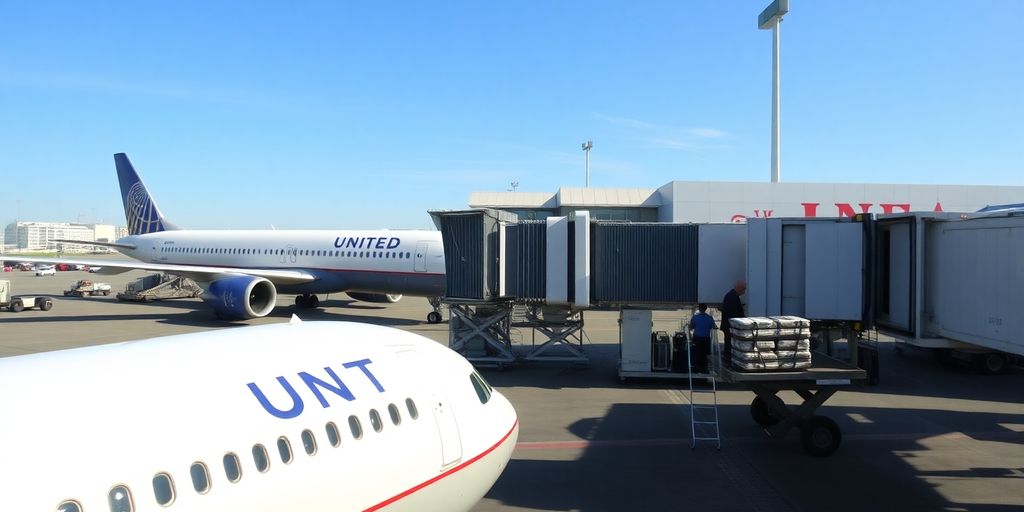 United Airlines plane at the airport gate with passengers.