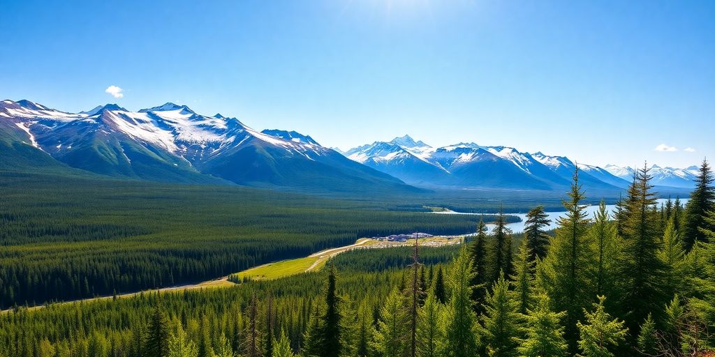 Alaska summer landscape with mountains and bright greenery.