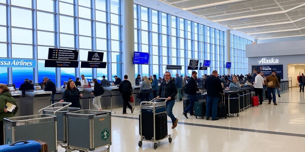 Passengers and staff in Alaska Airlines terminal at ORD.