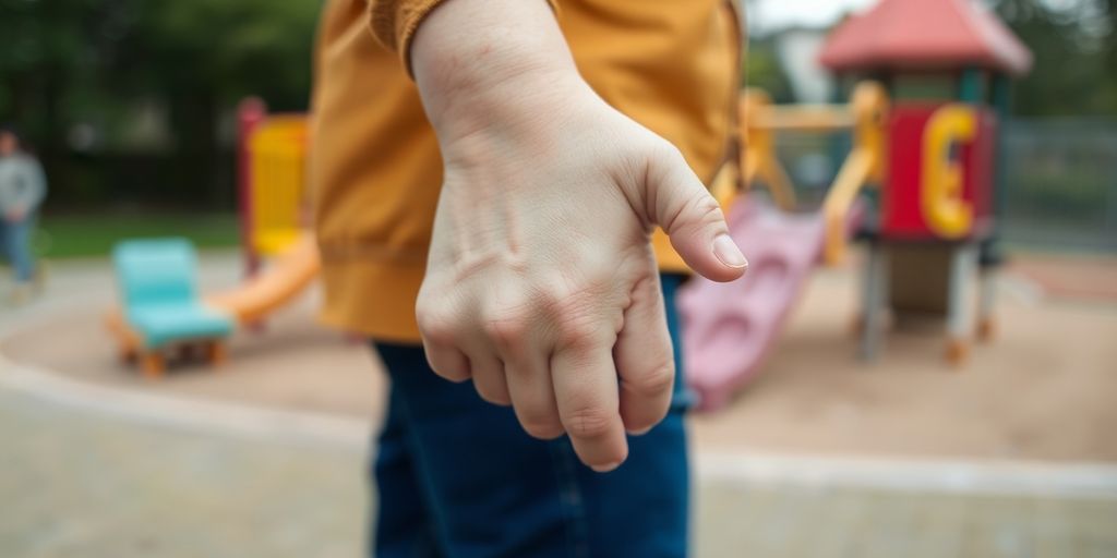Parent and child holding hands in a playground setting.