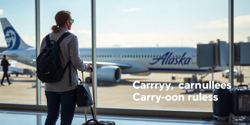 Traveler with carry-on bag at Alaska Airlines gate.