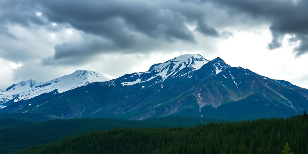 Alaska landscape with mountains, forests, and dynamic skies.