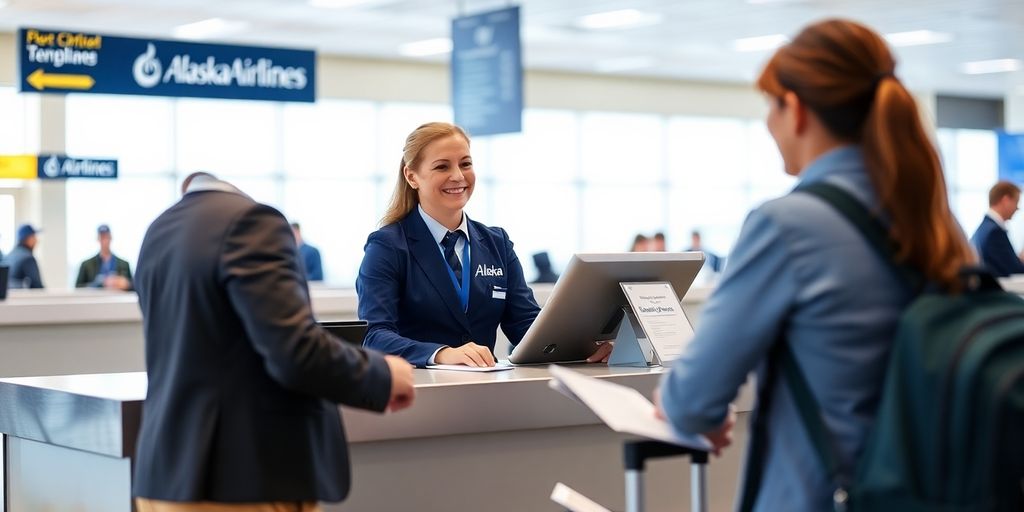 Alaska Airlines agent helping a traveler at the airport.