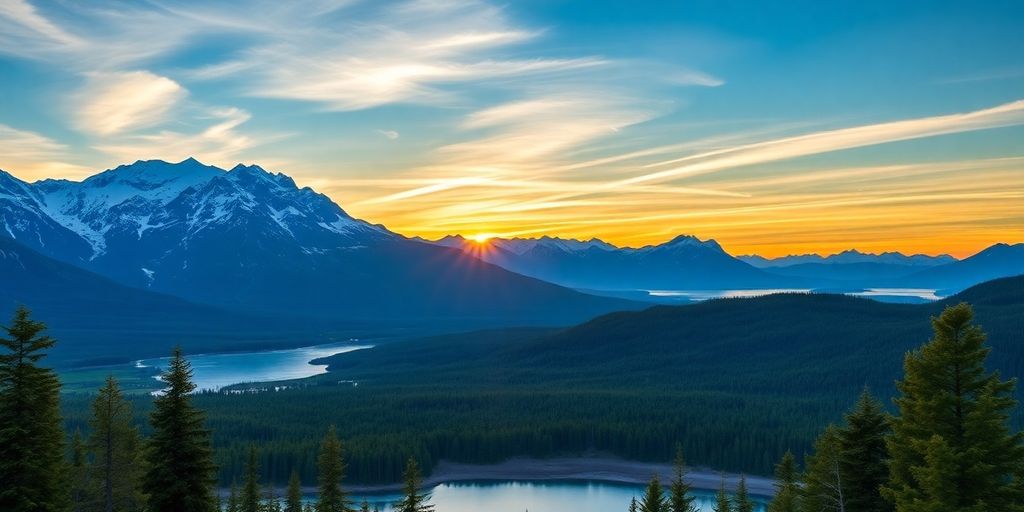 Scenic Alaska landscape with mountains, forests, and sunset.