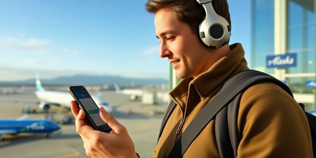 Traveler managing Alaska Airlines reservations on smartphone.