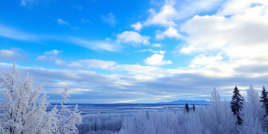 Snowy Fairbanks landscape with trees and blue sky.