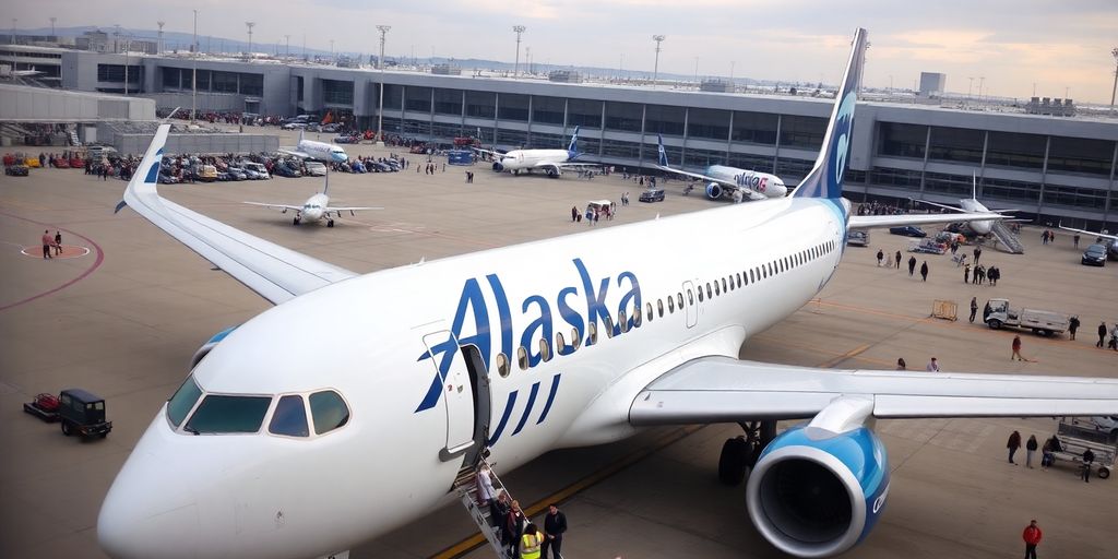 Alaska Airlines plane at airport with passengers boarding.