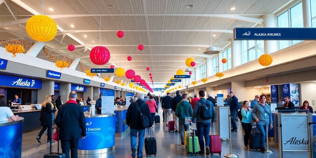 Alaska Airlines passengers in a busy airport terminal.