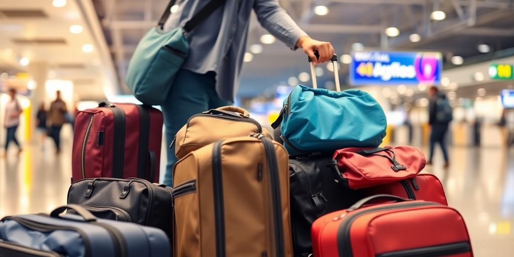 Traveler with luggage at airport before flight check-in.