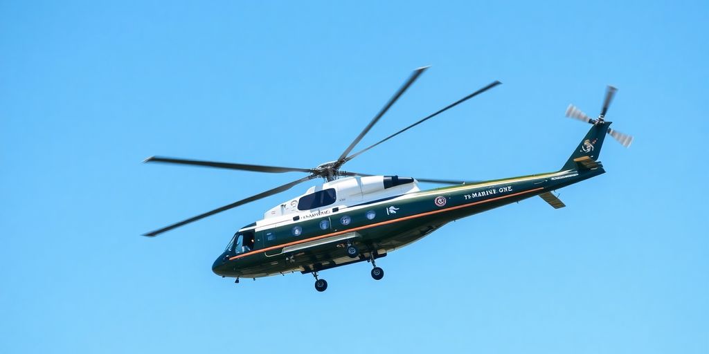 Marine One helicopter flying against a clear blue sky.