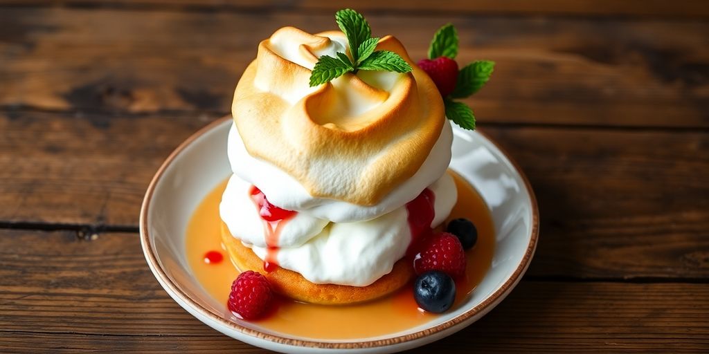 A stunning Baked Alaska dessert with meringue and berries.