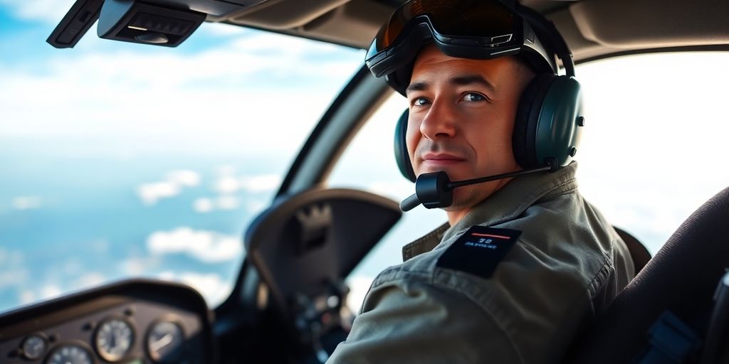 Pilot in a helicopter cockpit with vibrant sky background.