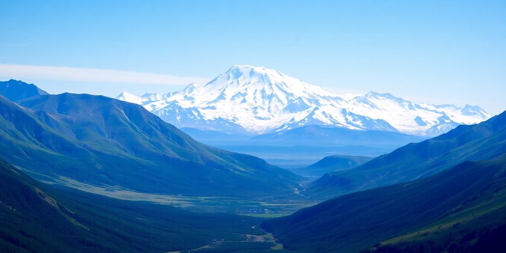 Snow-capped Mt McKinley under a clear blue sky.