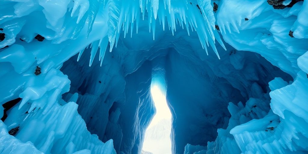 Alaska ice cave with blue ice and icicles.