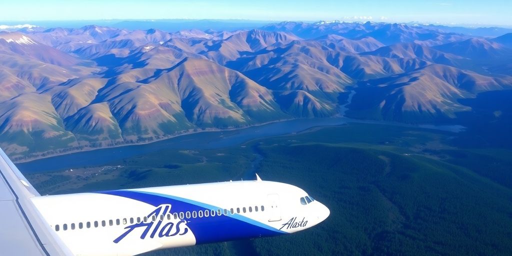 Alaska Airlines plane flying over breathtaking Alaskan scenery.