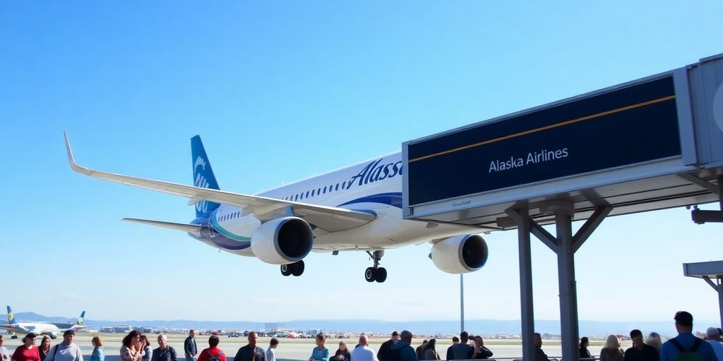 Alaska Airlines plane arriving at an airport terminal.