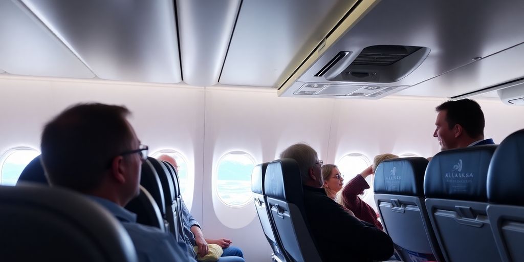 Interior of Alaska Airlines cabin with passengers and flight attendants.
