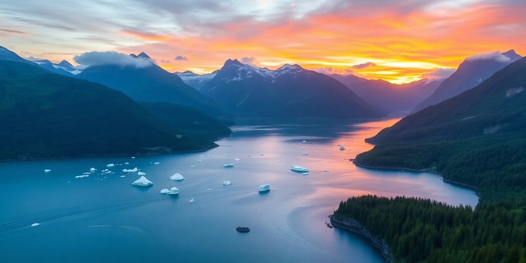 Scenic view of Prince William Sound with mountains and water.
