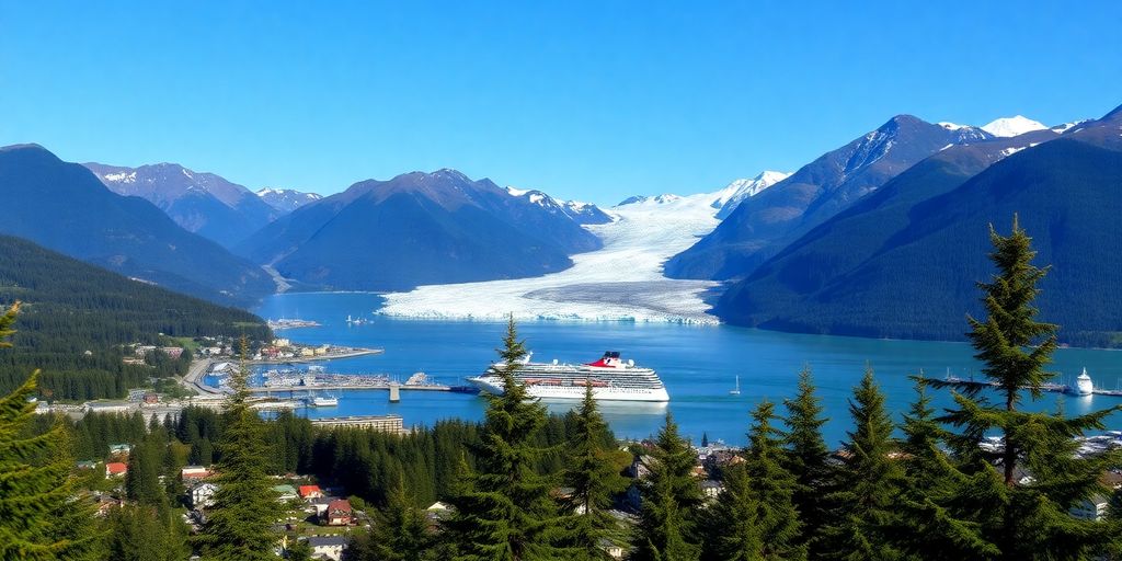 Juneau Alaska mountains, waterfront, glaciers, and cruise ship.
