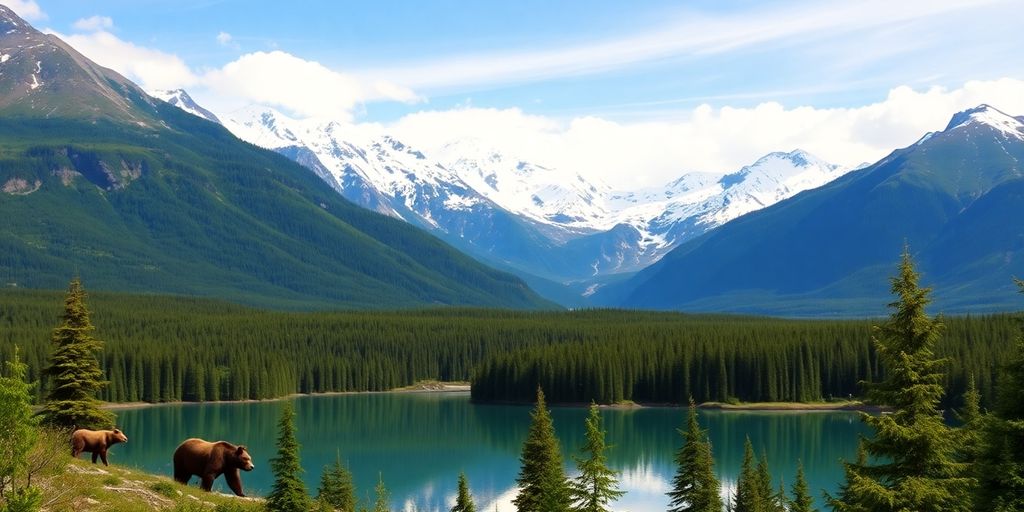 Alaska National Park landscape with mountains and wildlife.