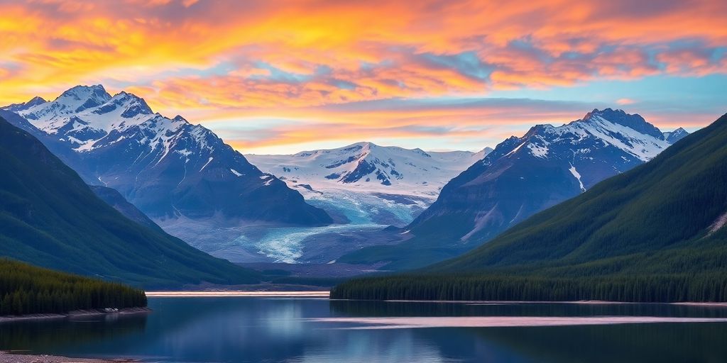 Scenic Alaska landscape with mountains, glaciers, and sunset.