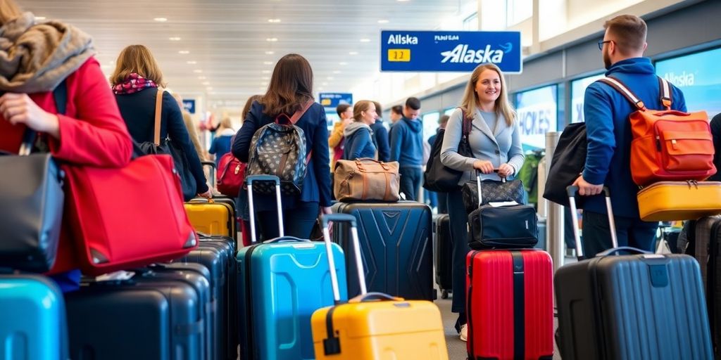 Travelers with diverse luggage at an airport terminal.