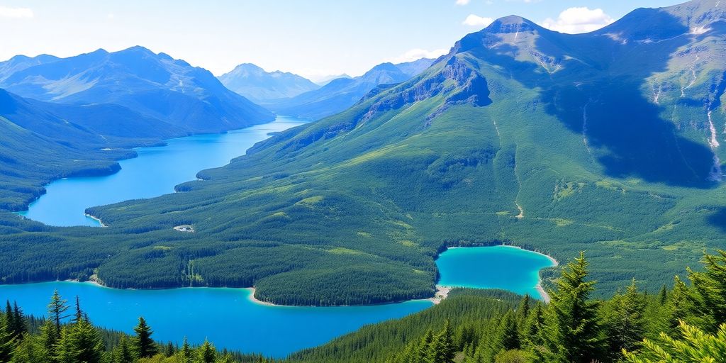 Lush green mountains and blue lakes in Alaska, July.
