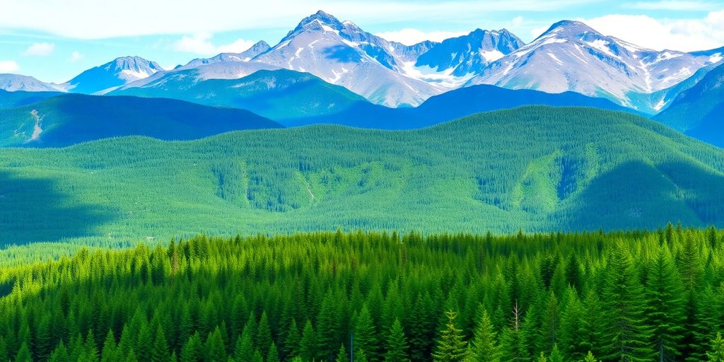 Scenic view of Alaska's mountains and green forests.