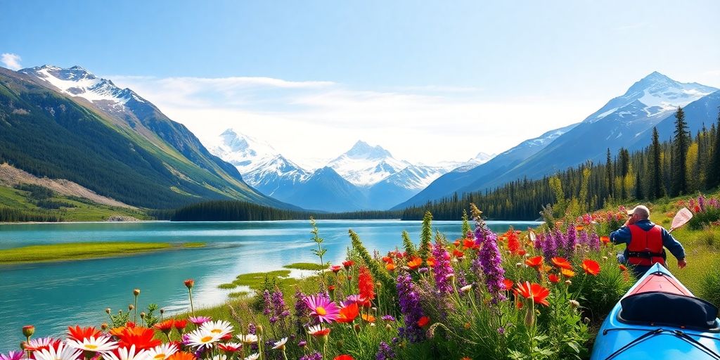 Alaskan summer landscape with mountains, lake, and wildflowers.
