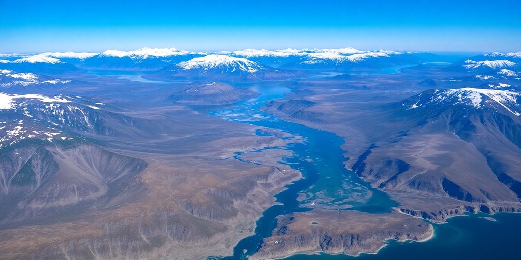 Aerial view of Alaska's coastline and mountains.